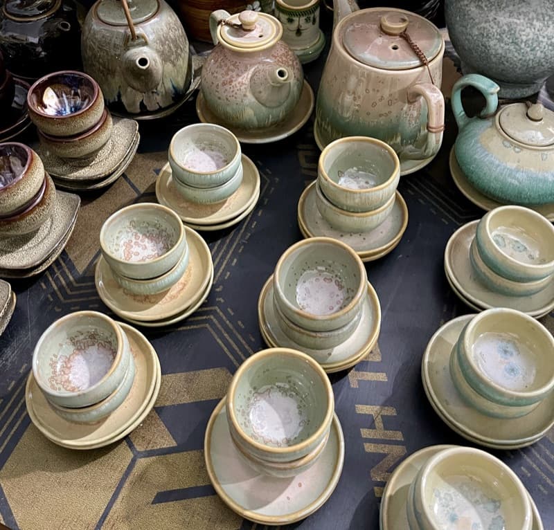Sand and celadon speckled cups with saucers